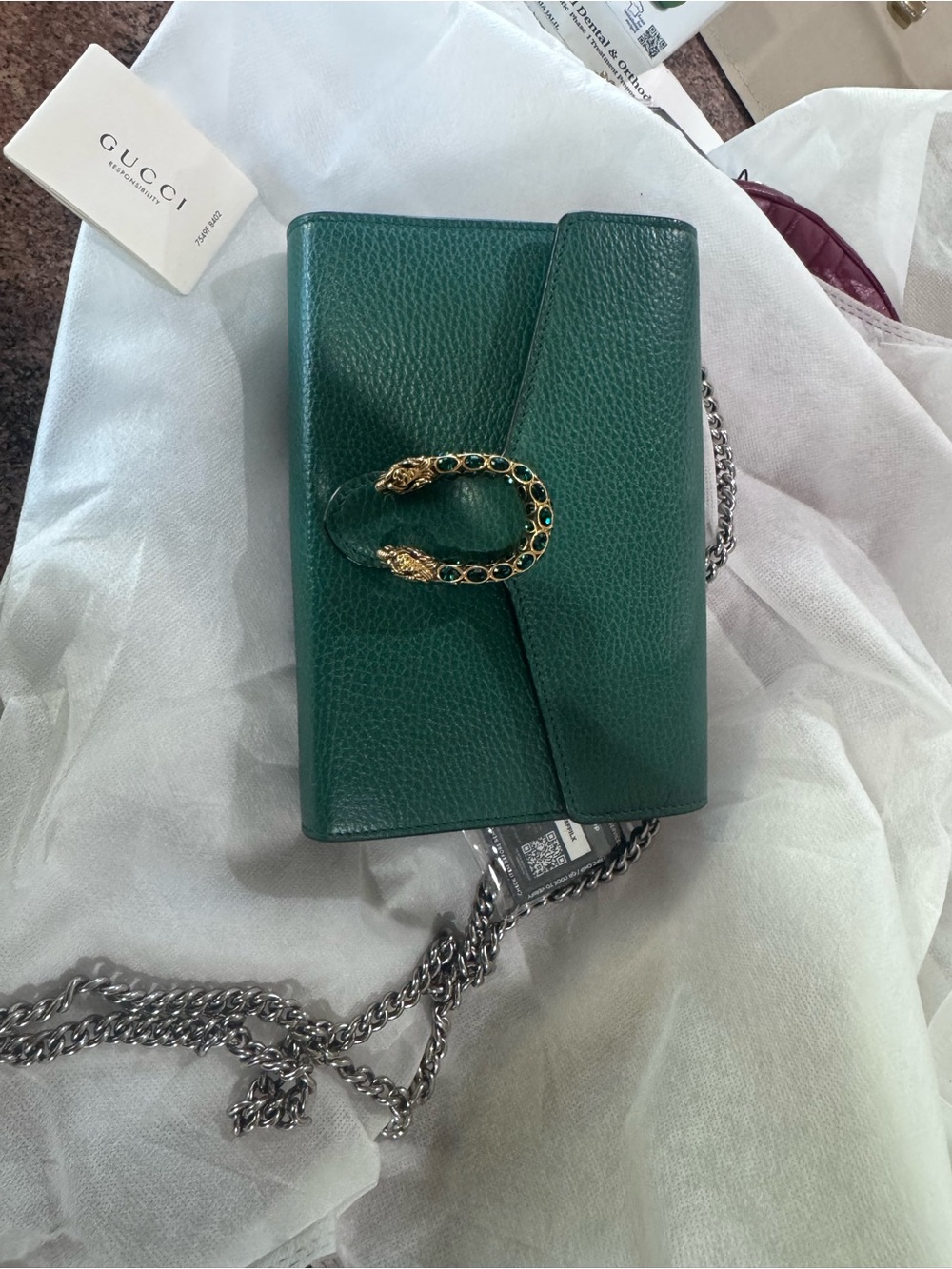Gucci Emerald Green Pebbled Leather Crossbody with Gold Tiger Head Accent
